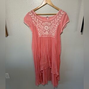 Free People Marina Gauzy Embroidered Hi-Low Cap-Sleeve Dress Pink White, Medium